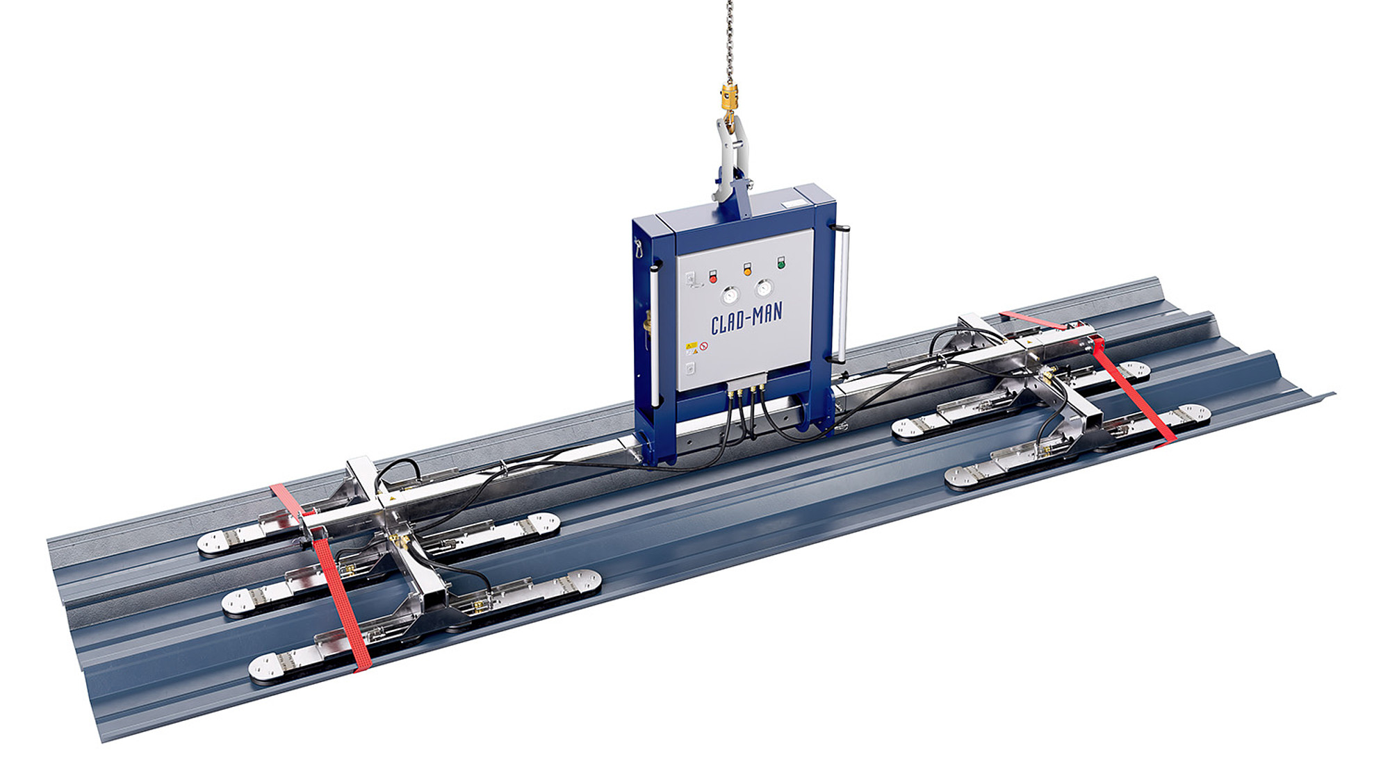 Clad-Man: aparato elevador por vacío de Aero-Lift que eleva, gira y desplaza sin esfuerzo material de 800 kg de peso y hasta 26 m de longitud. Foto de aplicación del elevador por vacío Clad-Man de Aero-Lift elevando una chapa trapezoidal